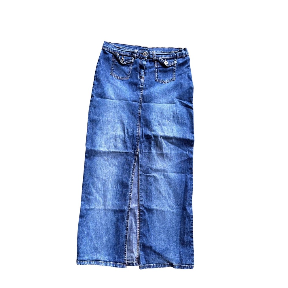 Cello Jeans Medium Wash Denim Maxi Skirt Front Slit Flap Pockets Size 13/14
